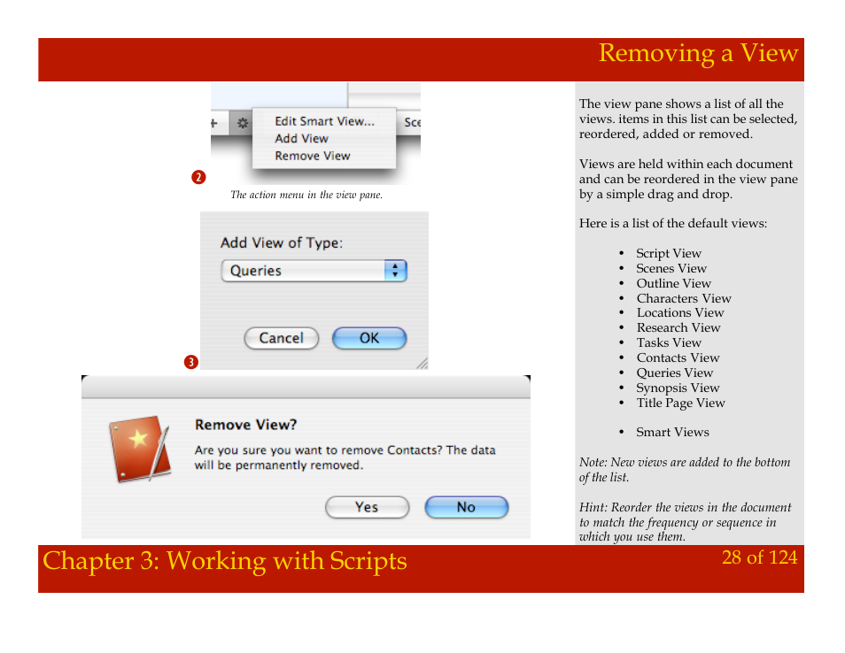 Removing a view, Chapter 3: working with scripts | Mariner Software Montage for Mac User Manual | Page 28 / 124