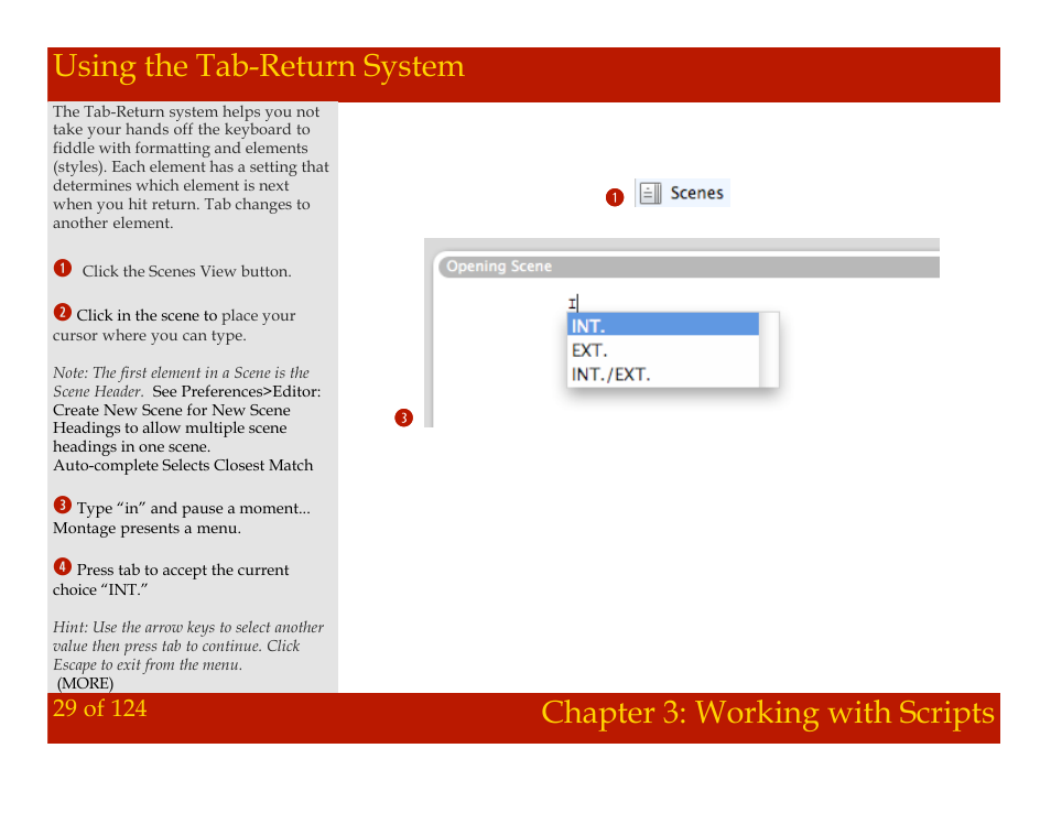 Using the tab-return system, Chapter 3: working with scripts | Mariner Software Montage for Mac User Manual | Page 29 / 124