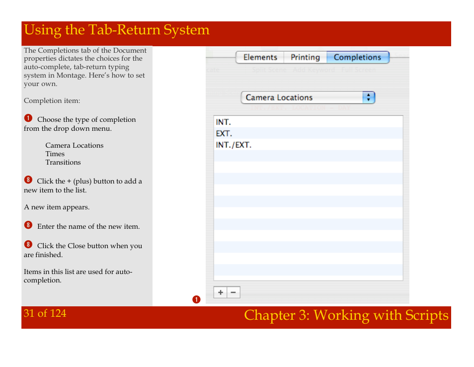 Using the tab-return system, Chapter 3: working with scripts | Mariner Software Montage for Mac User Manual | Page 31 / 124