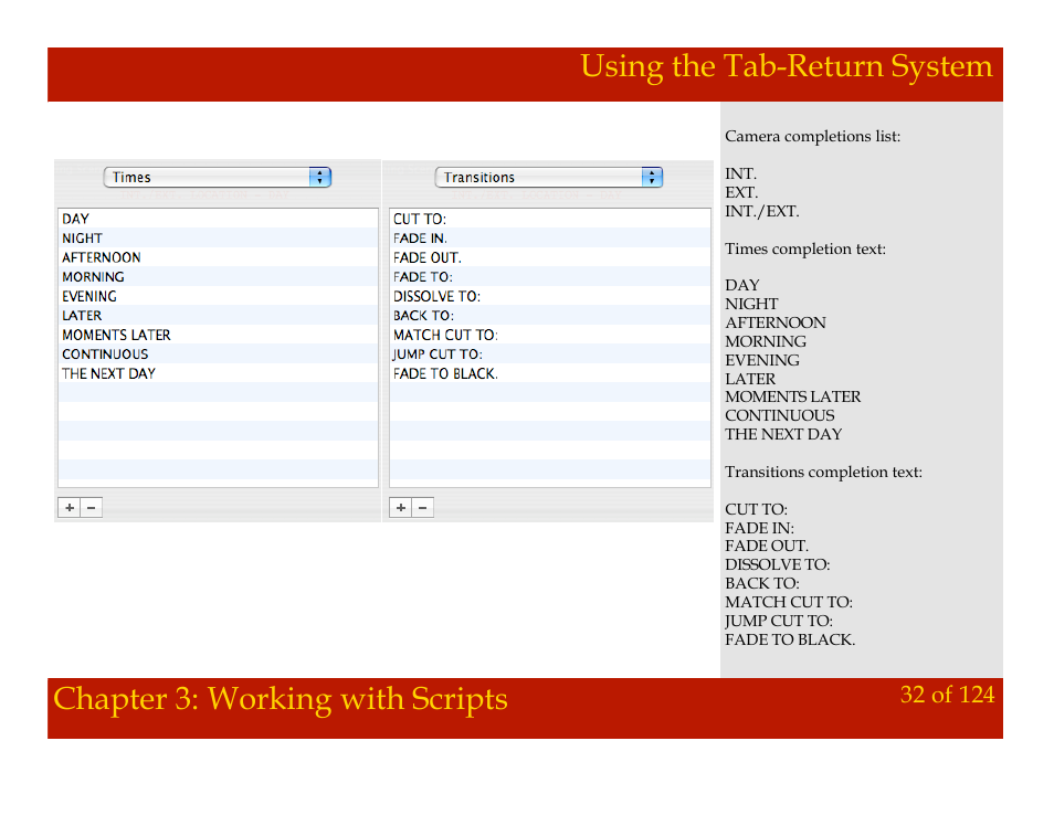 Using the tab-return system, Chapter 3: working with scripts | Mariner Software Montage for Mac User Manual | Page 32 / 124