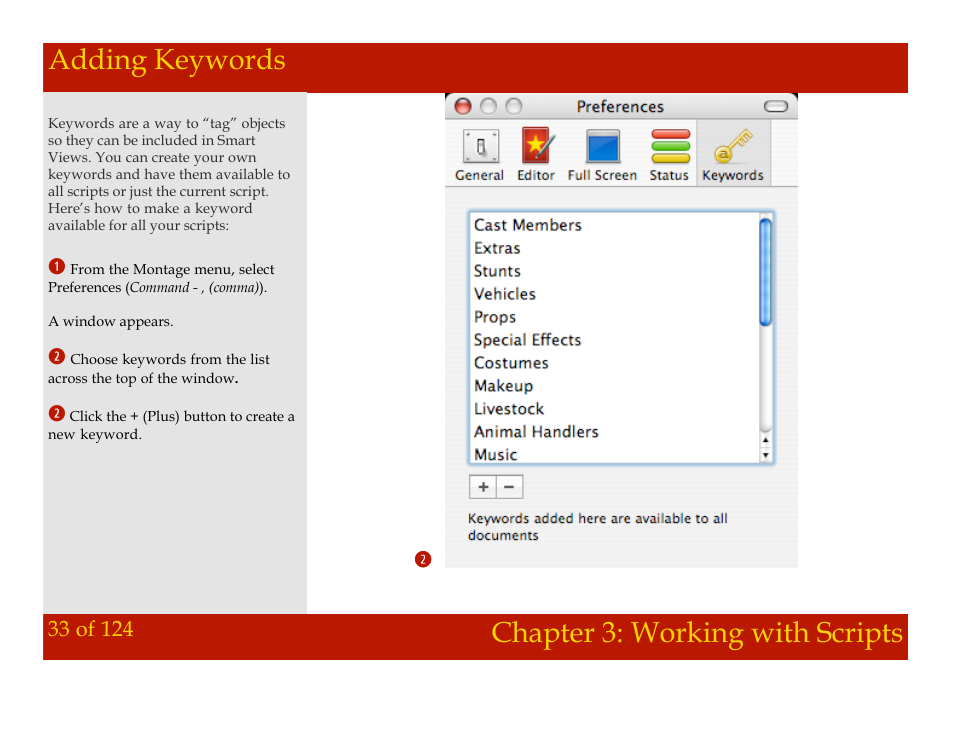 Adding keywords, Chapter 3: working with scripts adding keywords, Chapter 3: working with scripts | Mariner Software Montage for Mac User Manual | Page 33 / 124