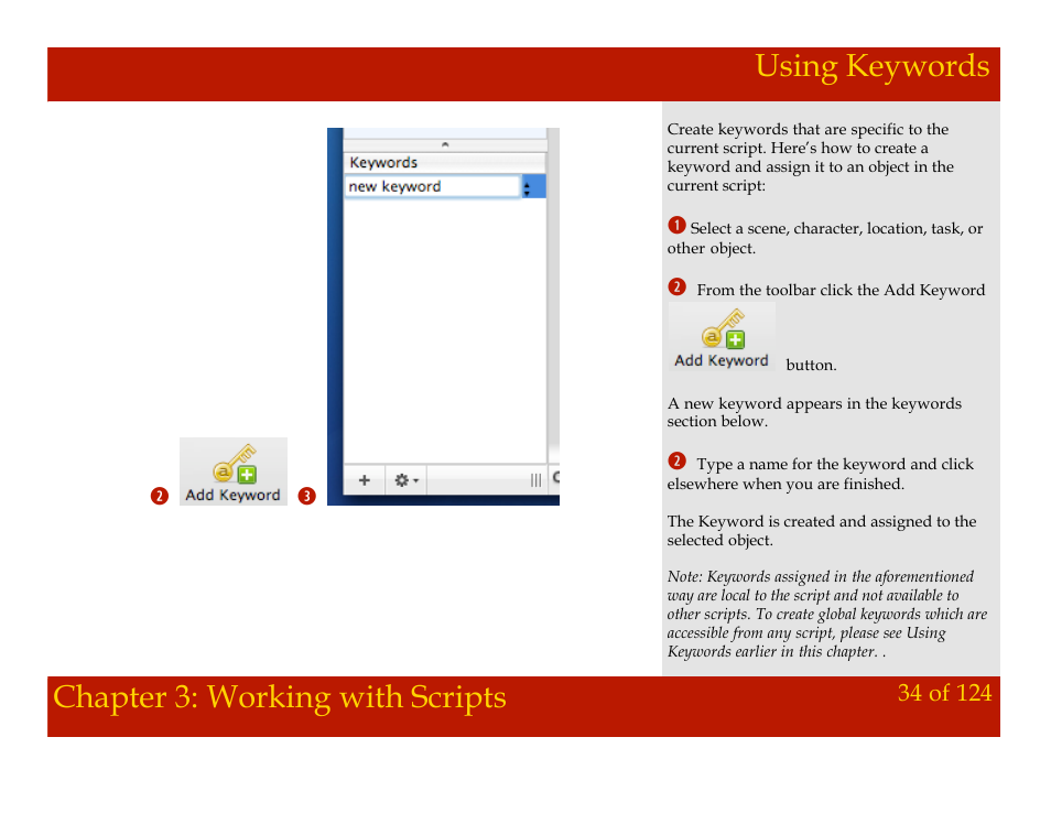 Using keywords, Chapter 3: working with scripts using keywords, Chapter 3: working with scripts | Mariner Software Montage for Mac User Manual | Page 34 / 124
