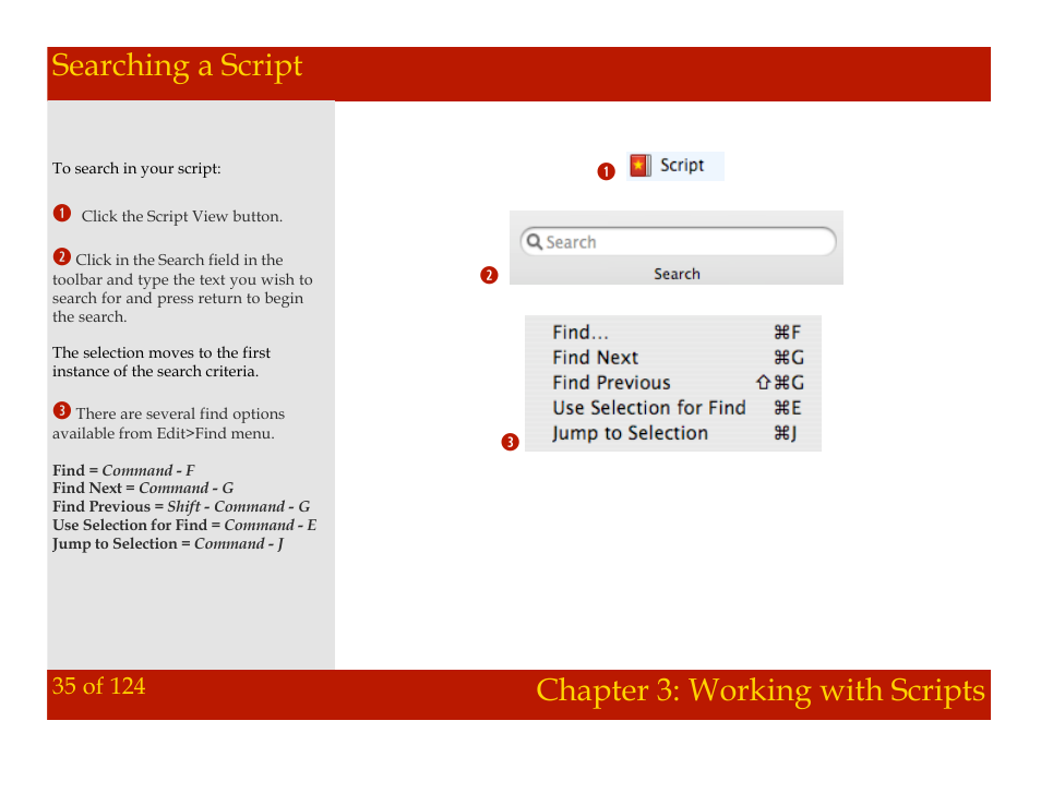 Searching a script, Chapter 3: working with scripts | Mariner Software Montage for Mac User Manual | Page 35 / 124