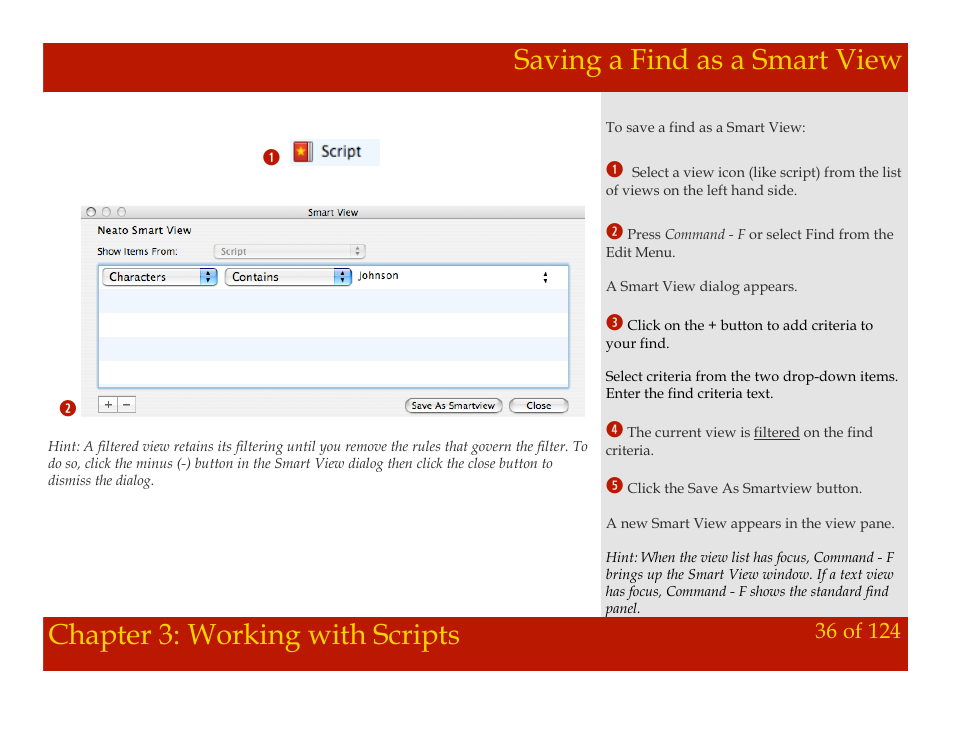 Saving a find as a smart view, Chapter 3: working with scripts | Mariner Software Montage for Mac User Manual | Page 36 / 124
