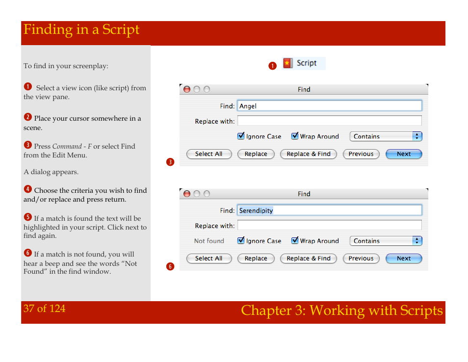 Finding in a script, Chapter 3: working with scripts | Mariner Software Montage for Mac User Manual | Page 37 / 124