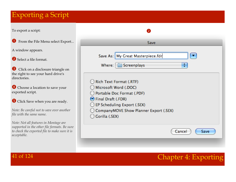 Exporting a script, Chapter 4: exporting exporting a script, Chapter 4: exporting | Mariner Software Montage for Mac User Manual | Page 41 / 124