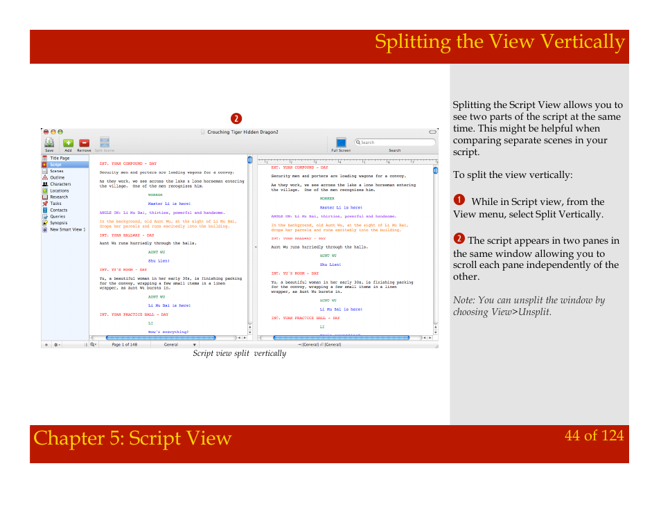Splitting the view vertically, Chapter 5: script view | Mariner Software Montage for Mac User Manual | Page 44 / 124