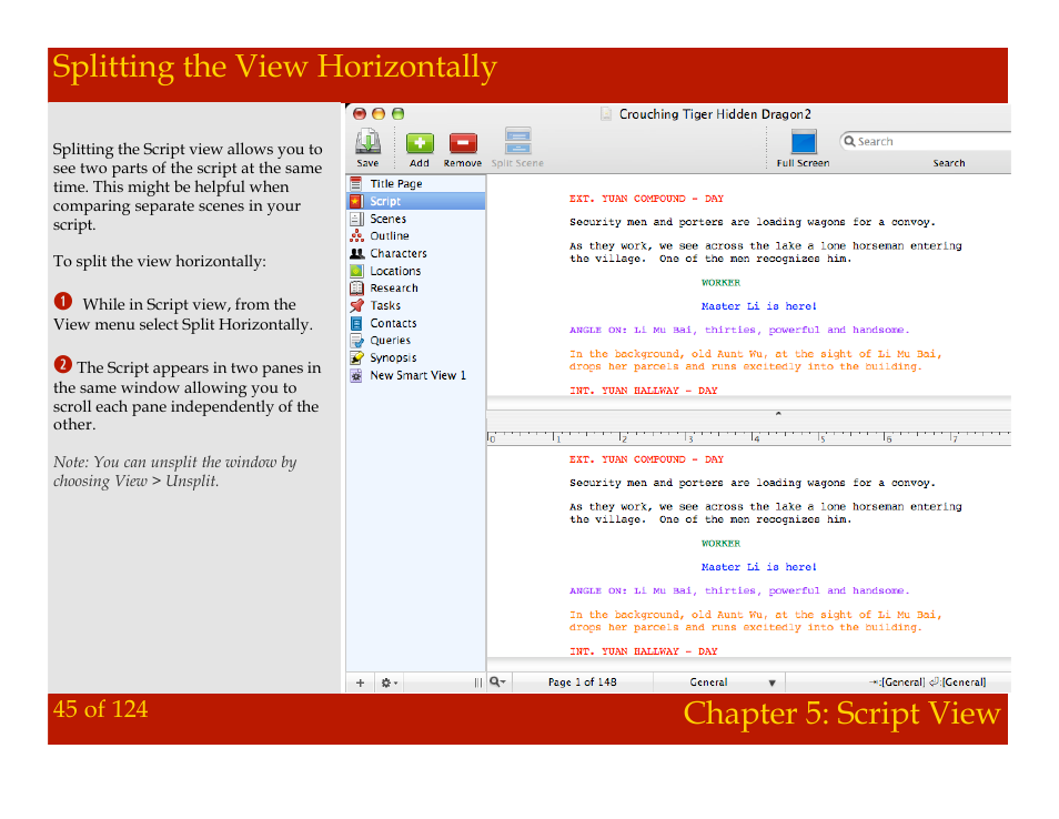 Splitting the view horizontally, Chapter 5: script view | Mariner Software Montage for Mac User Manual | Page 45 / 124