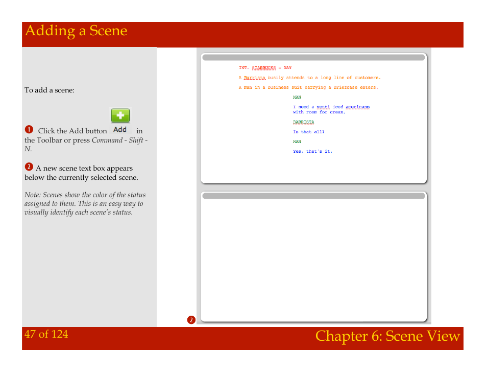 Adding a scene, Chapter 6: scene view adding a scene, Chapter 6: scene view | Mariner Software Montage for Mac User Manual | Page 47 / 124