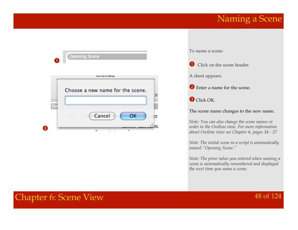 Naming a scene, Chapter 6: scene view naming a scene, Chapter 6: scene view | Mariner Software Montage for Mac User Manual | Page 48 / 124