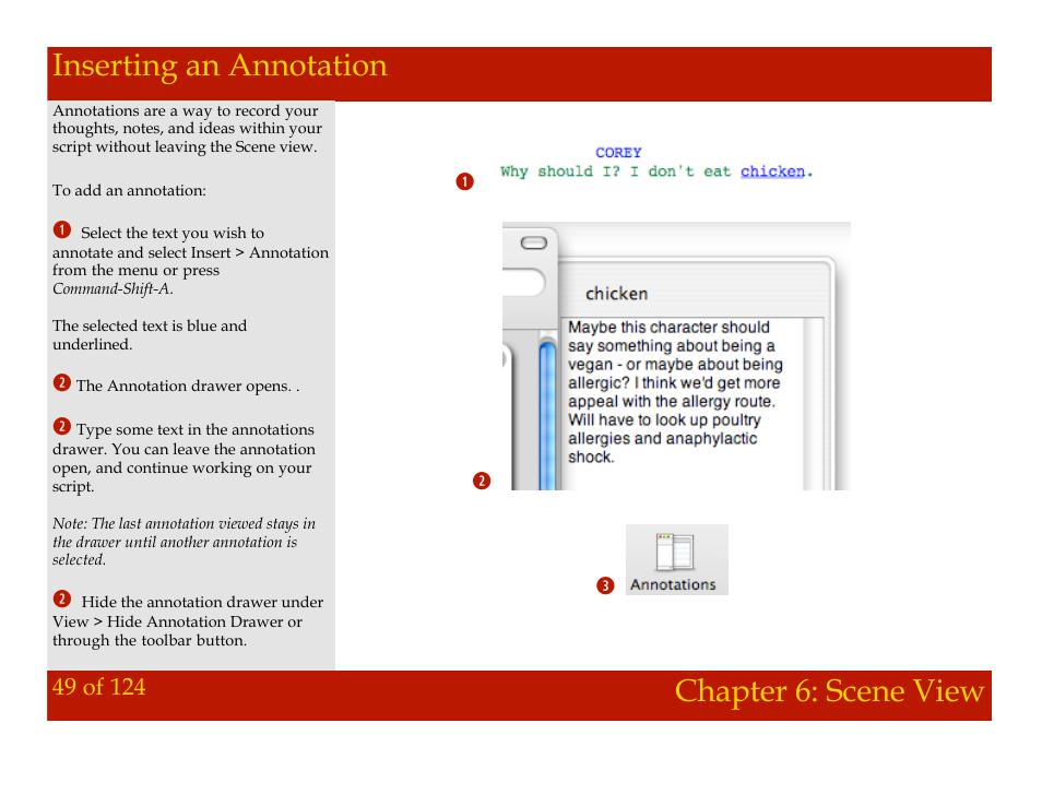 Inserting an annotation, Chapter 6: scene view | Mariner Software Montage for Mac User Manual | Page 49 / 124