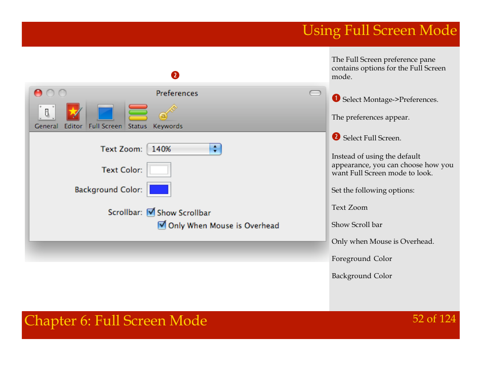Using full screen mode, Chapter 6: full screen mode using full screen mode, Chapter 6: full screen mode | Mariner Software Montage for Mac User Manual | Page 52 / 124