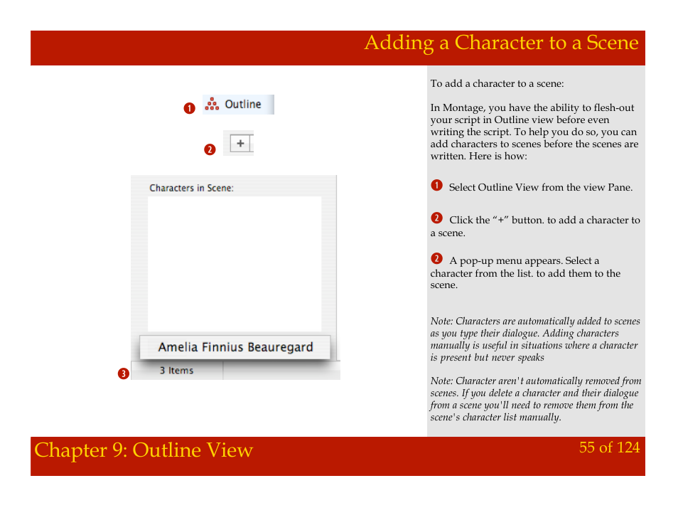 Adding a character to a scene, Chapter 9: outline view | Mariner Software Montage for Mac User Manual | Page 55 / 124