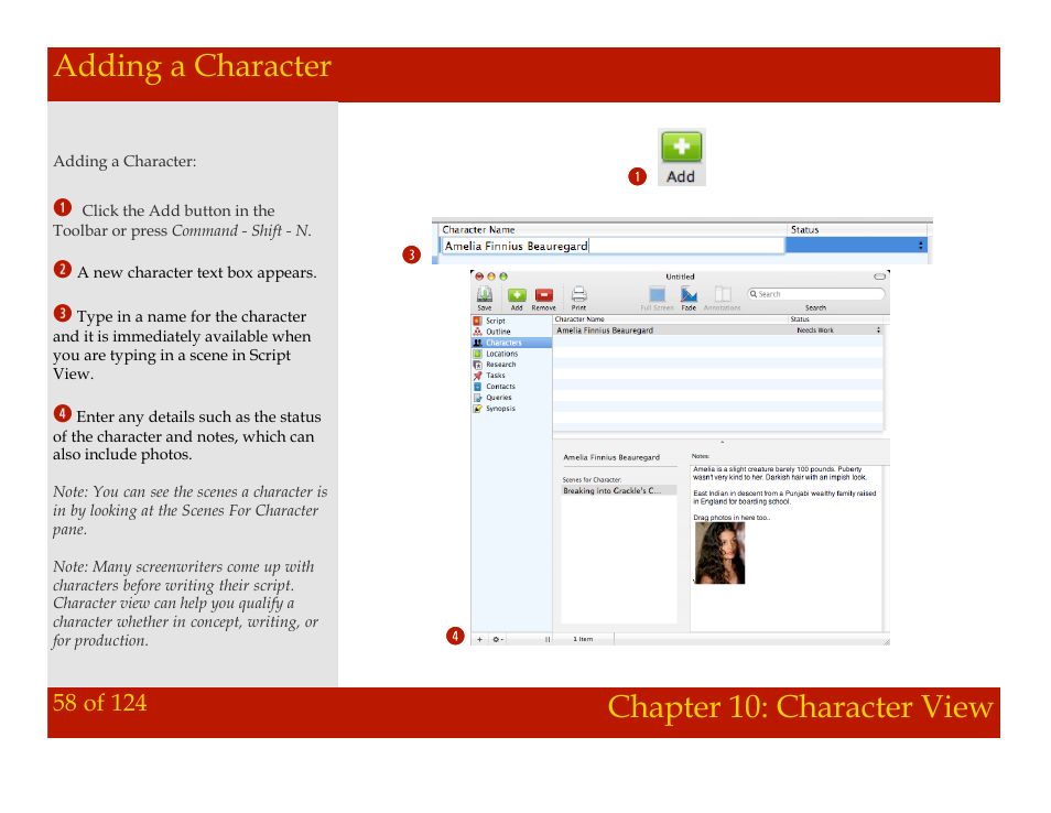 Adding a character, Chapter 10: character view adding a character, Chapter 10: character view | Mariner Software Montage for Mac User Manual | Page 58 / 124