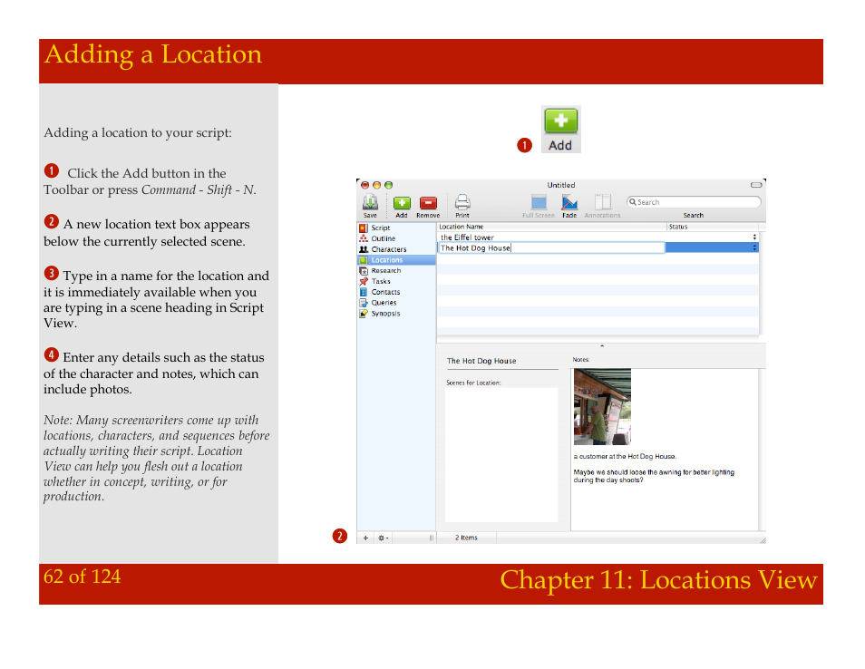 Adding a location, Chapter 11: locations view adding a location, Chapter 11: locations view | Mariner Software Montage for Mac User Manual | Page 62 / 124