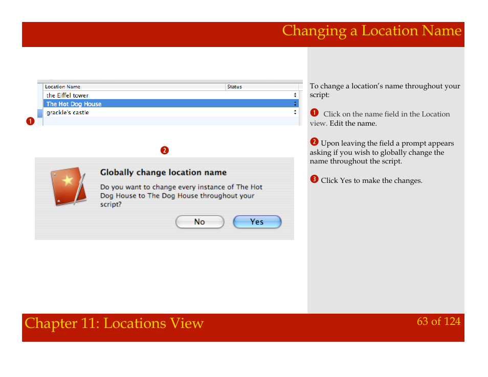 Changing a location name, Chapter 11: locations view | Mariner Software Montage for Mac User Manual | Page 63 / 124
