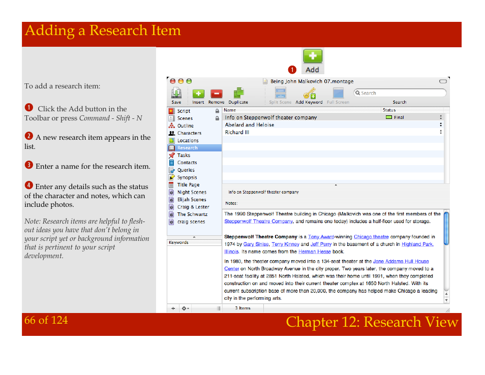 Adding a research item, Chapter 12: research view adding a research item, Chapter 12: research view | Mariner Software Montage for Mac User Manual | Page 66 / 124