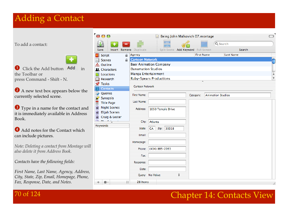 Adding a contact, Chapter 14: contacts view adding a contact, Chapter 14: contacts view | Mariner Software Montage for Mac User Manual | Page 70 / 124