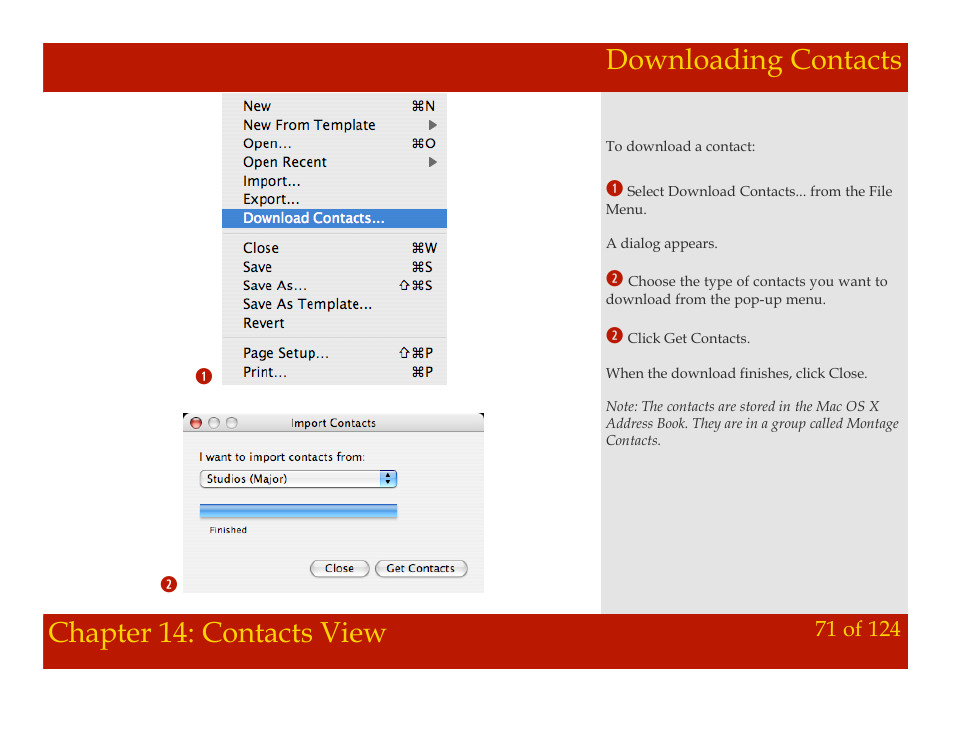 Downloading contacts, Chapter 14: contacts view downloading contacts, Chapter 14: contacts view | Mariner Software Montage for Mac User Manual | Page 71 / 124