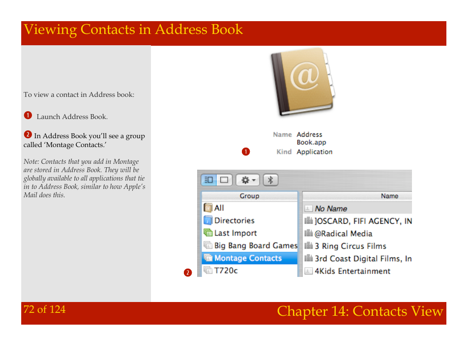 Viewing contacts in address book, Chapter 14: contacts view | Mariner Software Montage for Mac User Manual | Page 72 / 124