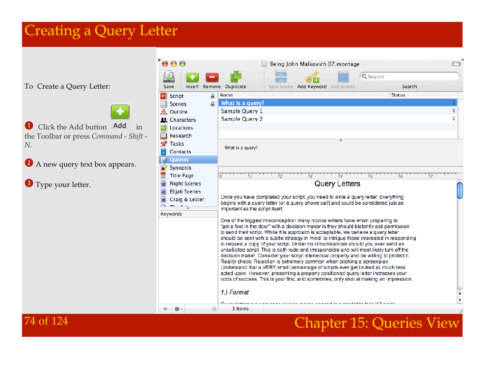 Creating a query letter, Chapter 15: queries view creating a query letter, Chapter 15: queries view | Mariner Software Montage for Mac User Manual | Page 74 / 124