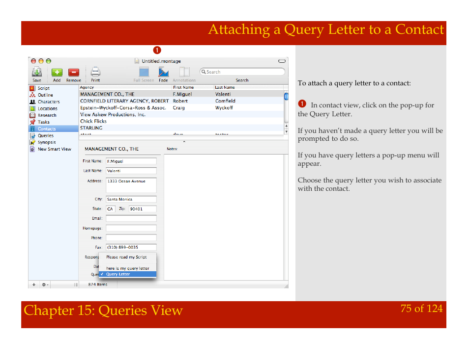 Attaching a query letter to a contact, Chapter 15: queries view | Mariner Software Montage for Mac User Manual | Page 75 / 124