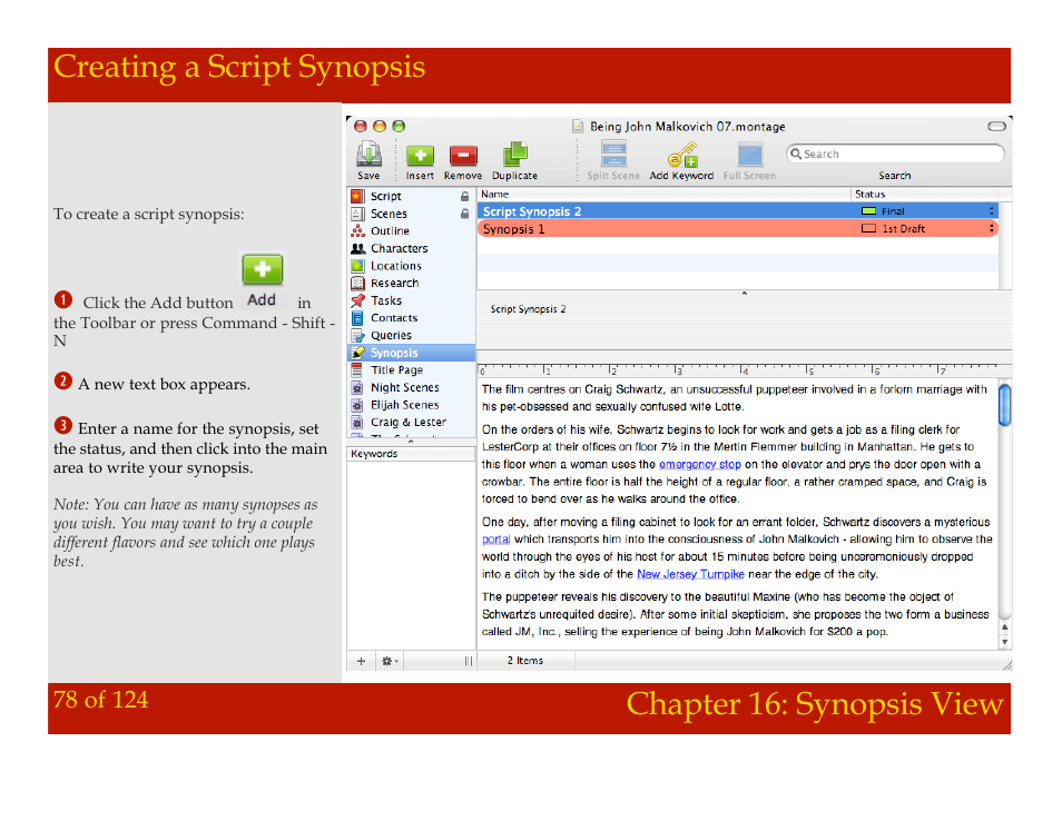 Creating a script synopsis, Chapter 16: synopsis view | Mariner Software Montage for Mac User Manual | Page 78 / 124
