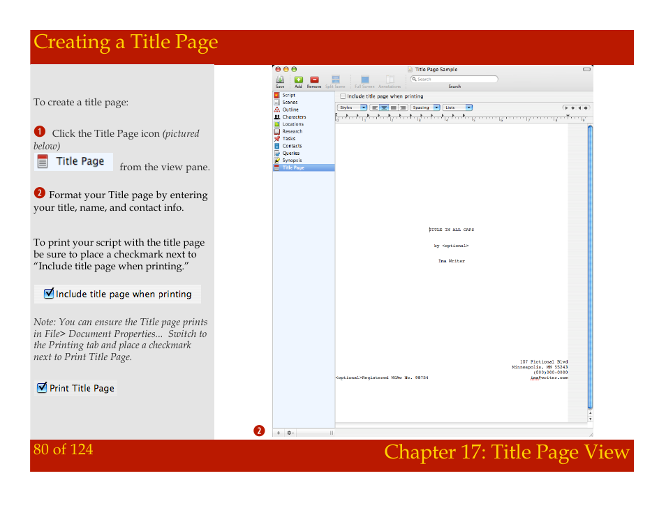 Creating a title page, Chapter 17: title page view | Mariner Software Montage for Mac User Manual | Page 80 / 124