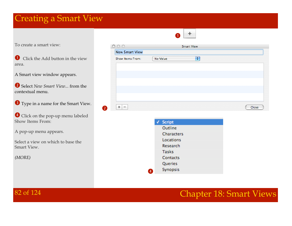 Creating a smart view, Chapter 18: smart views creating a smart view, Chapter 18: smart views | Mariner Software Montage for Mac User Manual | Page 82 / 124