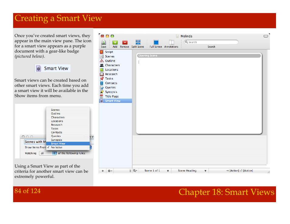 Creating a smart view, Chapter 18: smart views creating a smart view, Chapter 18: smart views | Mariner Software Montage for Mac User Manual | Page 84 / 124