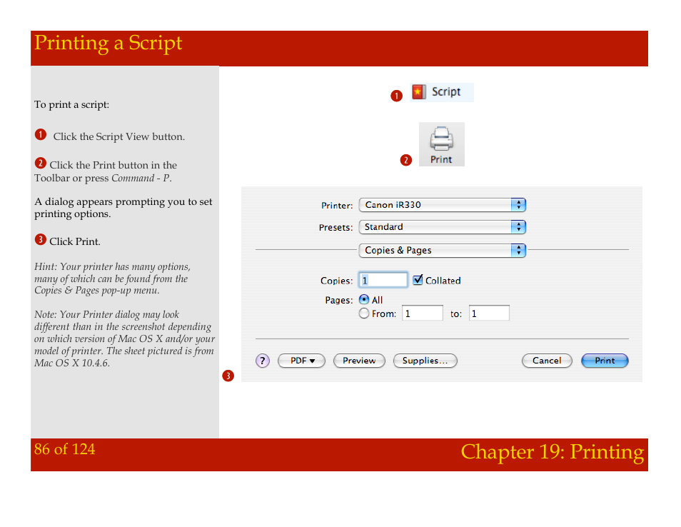 Printing a script, Chapter 19: printing printing a script, Chapter 19: printing | Mariner Software Montage for Mac User Manual | Page 86 / 124