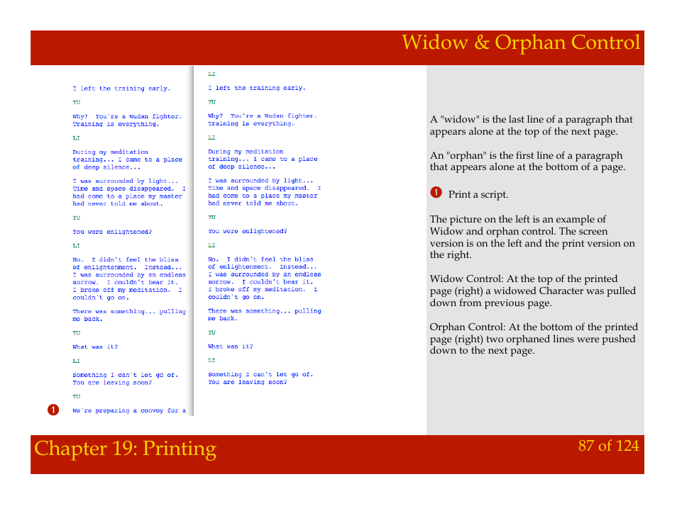 Widow & orphan control, Chapter 19: printing widow & orphan control, Chapter 19: printing | Mariner Software Montage for Mac User Manual | Page 87 / 124