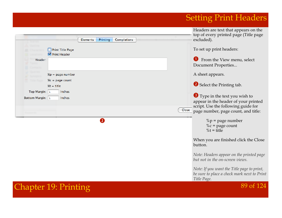 Setting print headers, Chapter 19: printing | Mariner Software Montage for Mac User Manual | Page 89 / 124