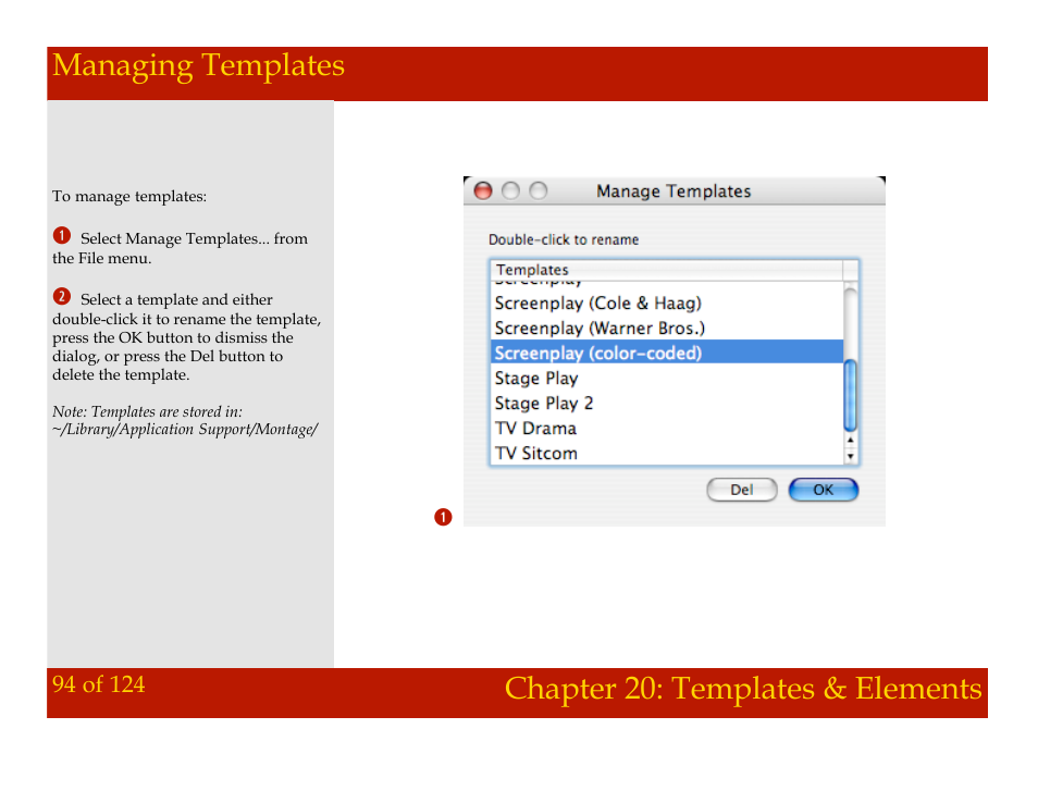 Managing templates, Chapter 20: templates & elements | Mariner Software Montage for Mac User Manual | Page 94 / 124