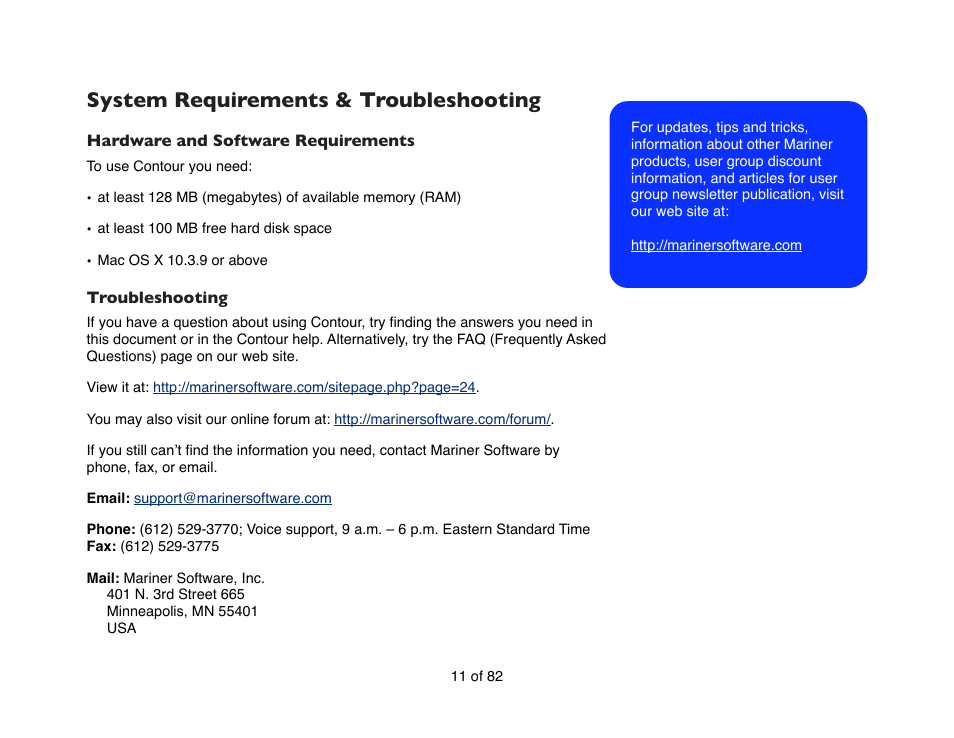 System requirements & troubleshooting | Mariner Software Contour for Mac User Manual | Page 11 / 82