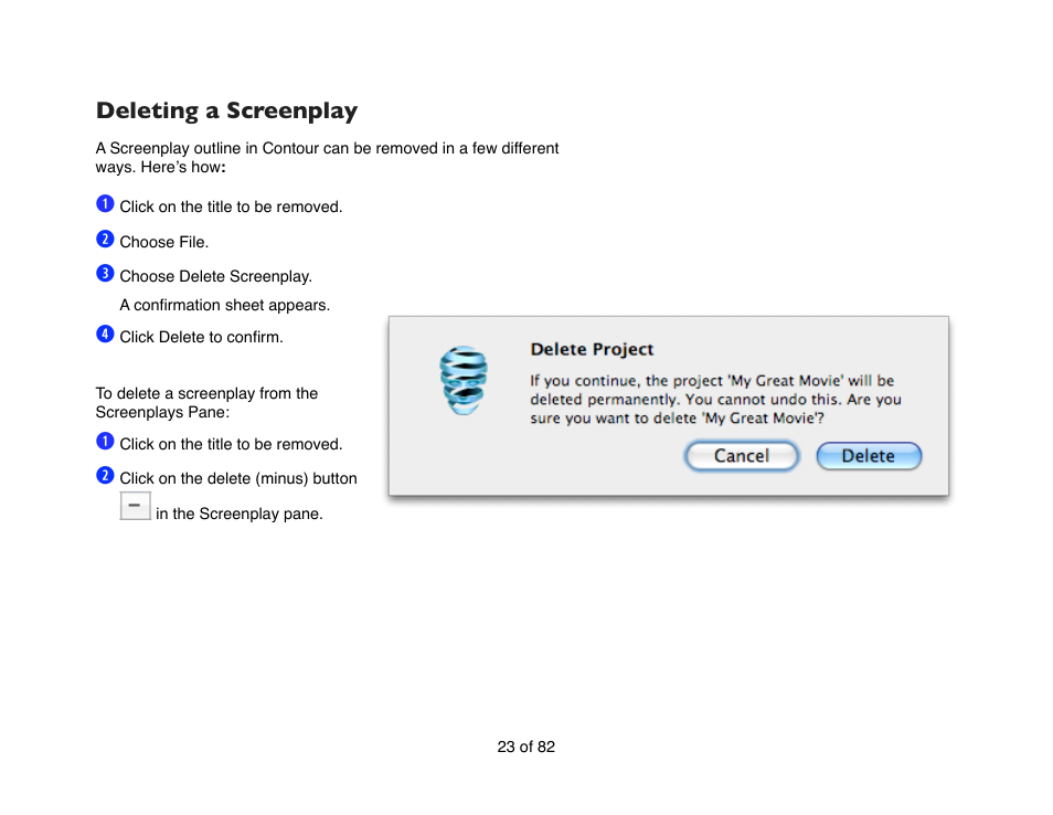 Deleting a screenplay | Mariner Software Contour for Mac User Manual | Page 23 / 82