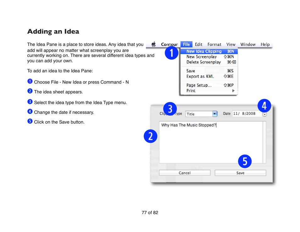 Adding an idea | Mariner Software Contour for Mac User Manual | Page 77 / 82