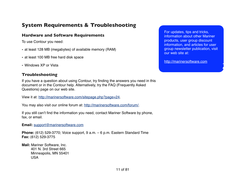 System requirements & troubleshooting | Mariner Software Contour for Windows User Manual | Page 11 / 81