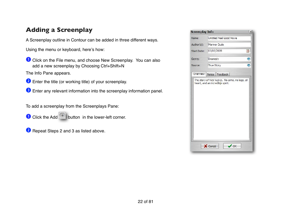 Adding a screenplay | Mariner Software Contour for Windows User Manual | Page 22 / 81