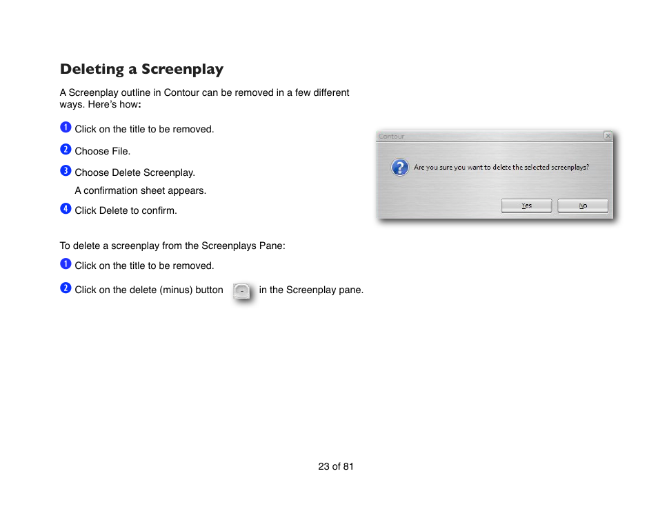 Deleting a screenplay | Mariner Software Contour for Windows User Manual | Page 23 / 81