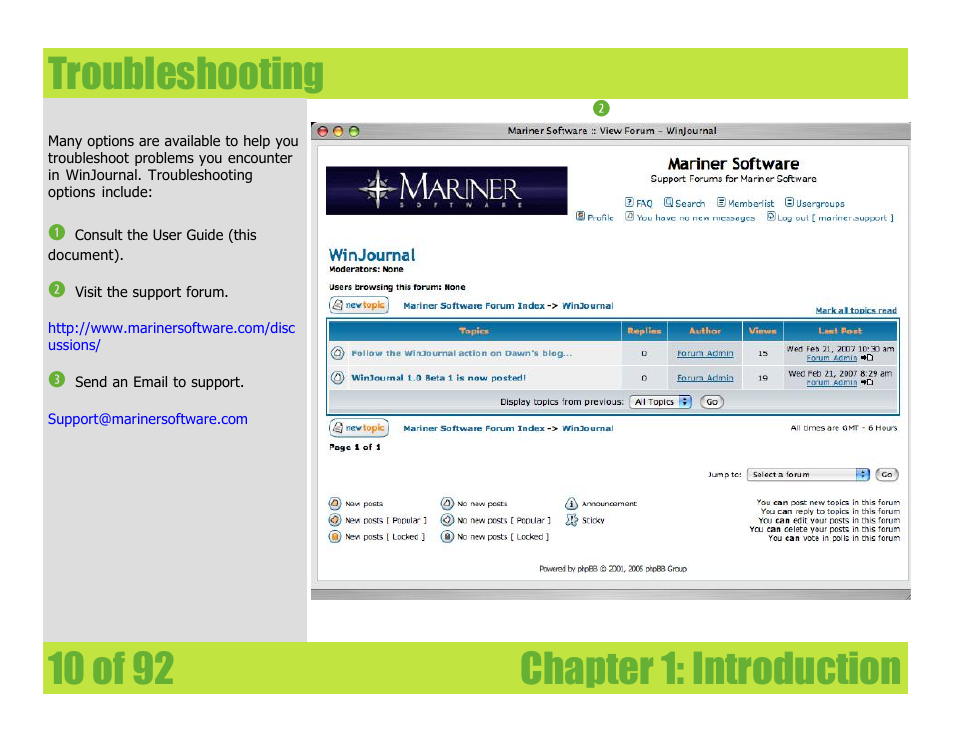 Troubleshooting, Chapter 1: introduction troubleshooting | Mariner Software WinJournal for Windows User Manual | Page 10 / 92