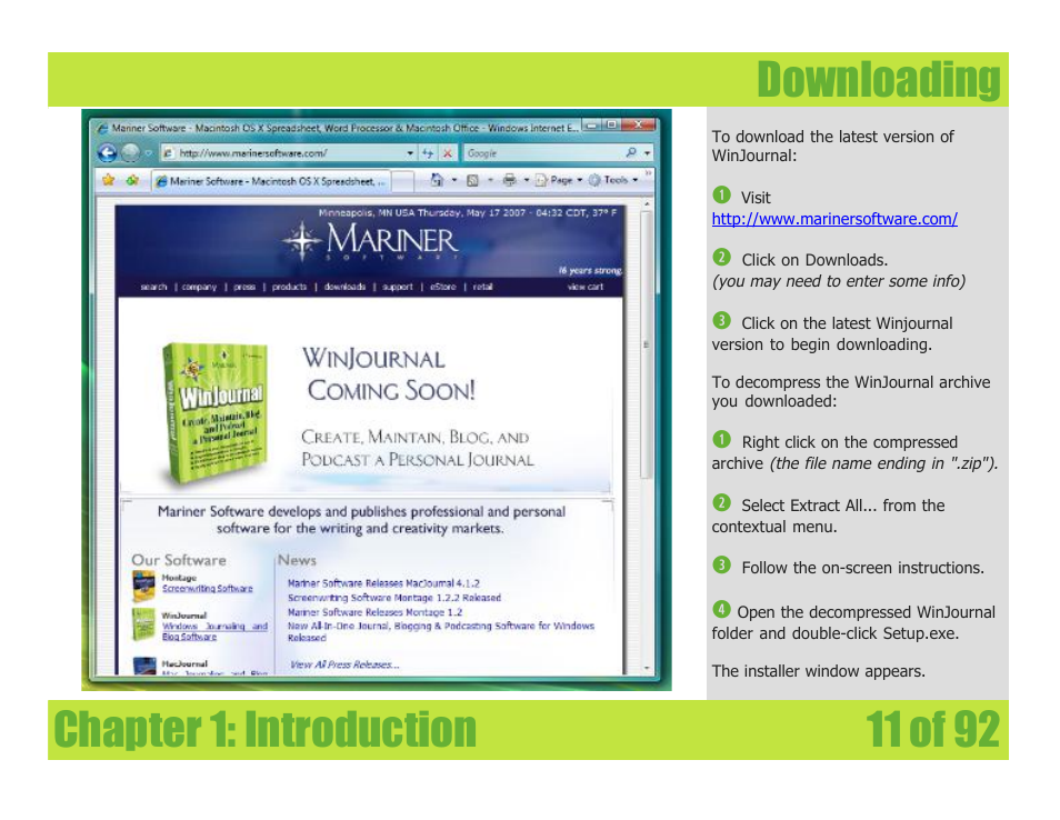 Downloading, Chapter 1: introduction downloading | Mariner Software WinJournal for Windows User Manual | Page 11 / 92