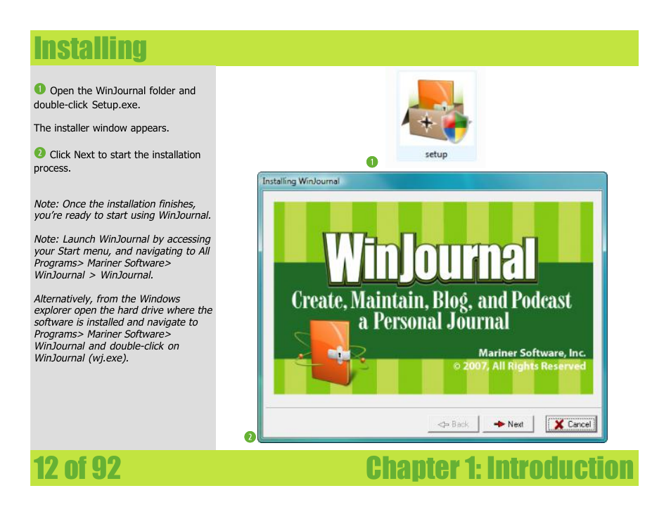 Installing, Chapter 1: introduction installing | Mariner Software WinJournal for Windows User Manual | Page 12 / 92