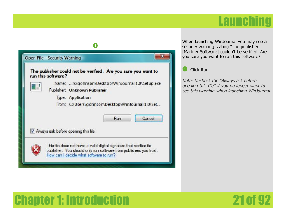 Launching, Chapter 1: introduction launching | Mariner Software WinJournal for Windows User Manual | Page 21 / 92