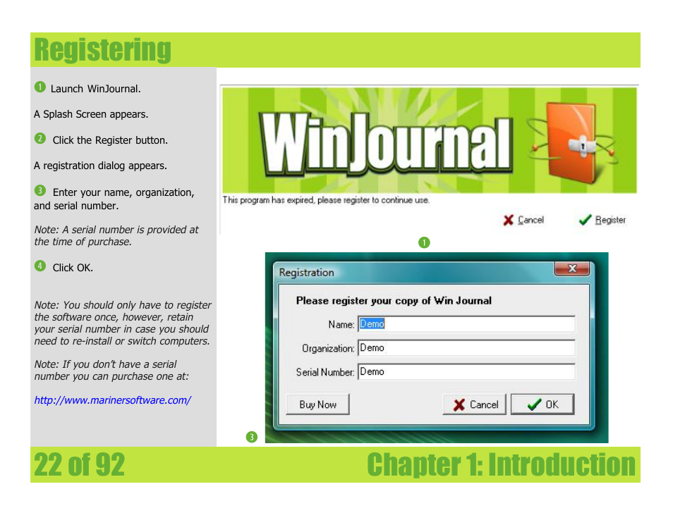 Registering, Chapter 1: introduction registering | Mariner Software WinJournal for Windows User Manual | Page 22 / 92
