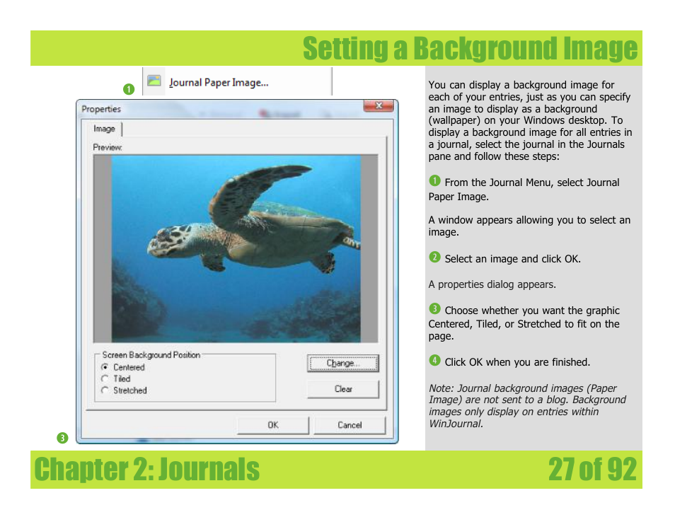 Setting a background image, Chapter 2: journals setting a background image | Mariner Software WinJournal for Windows User Manual | Page 27 / 92