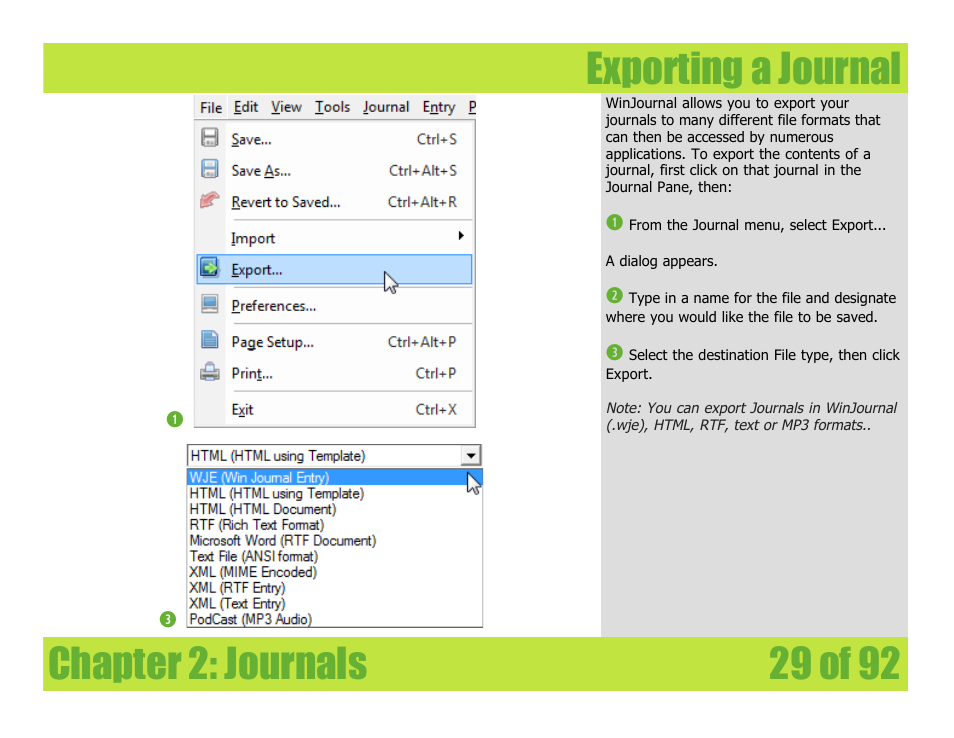 Exporting a journal, Chapter 2: journals | Mariner Software WinJournal for Windows User Manual | Page 29 / 92