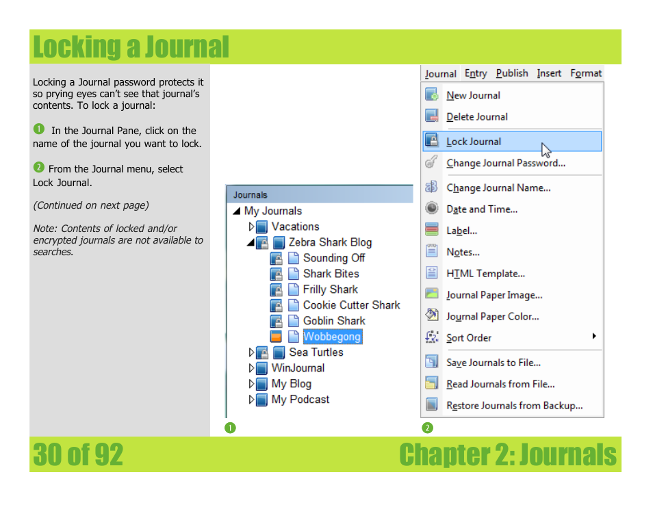 Locking a journal, Chapter 2: journals locking a journal | Mariner Software WinJournal for Windows User Manual | Page 30 / 92
