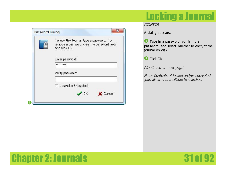 Locking a journal, Chapter 2: journals locking a journal | Mariner Software WinJournal for Windows User Manual | Page 31 / 92