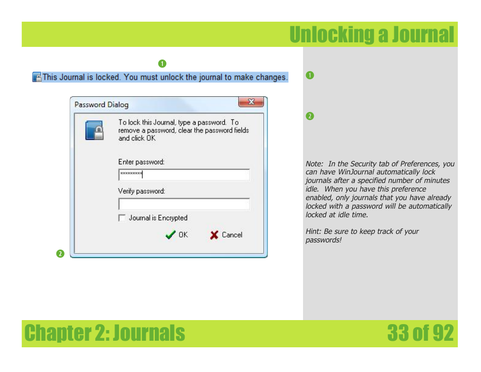 Unlocking a journal, Chapter 2: journals unlocking a journal | Mariner Software WinJournal for Windows User Manual | Page 33 / 92